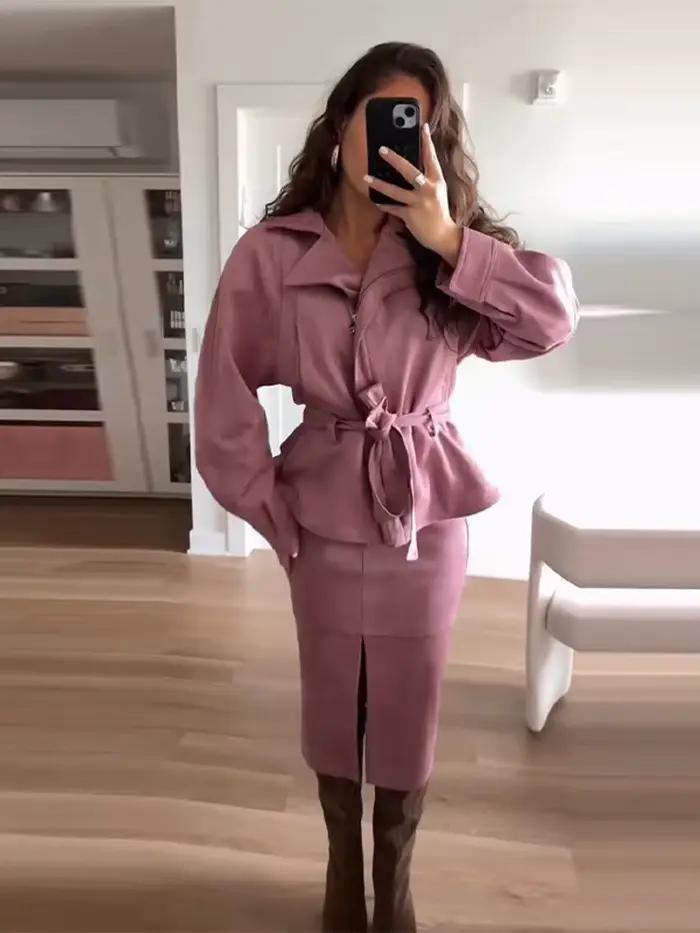Ensemble tailleur jupe 2 pièces élégant pour femme en suède
