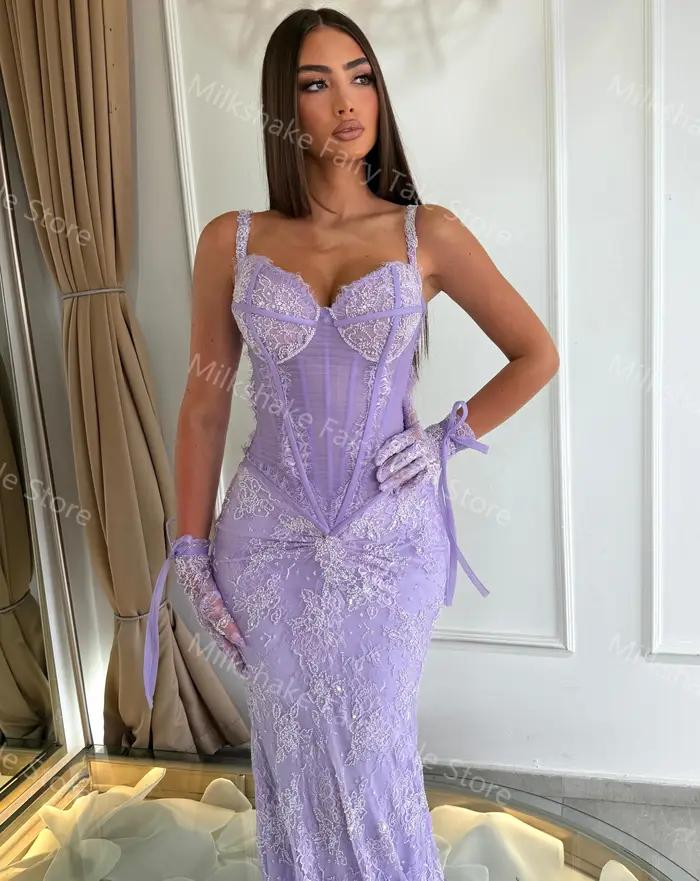 Robes de soirée lavande glamour en dentelle complète sans manches pour femmes, robes de bal longues style sirène, robes personnalisées pour occasions spéciales