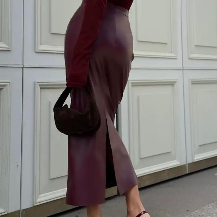ZAROY – Jupe mi-longue en cuir bordeaux pour femmes