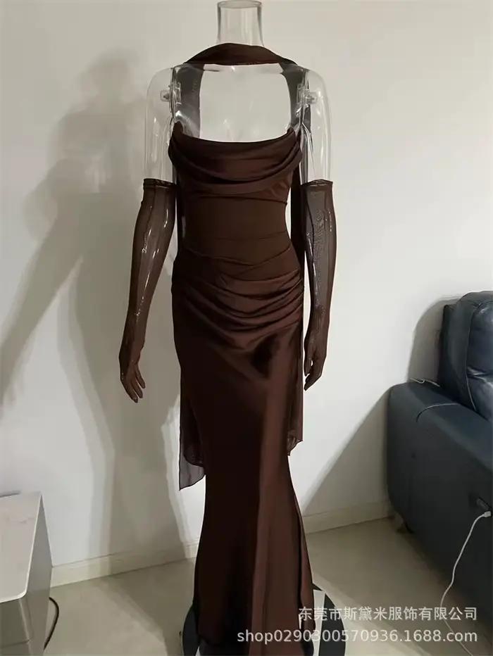Robe de bal marron pour femmes, avec écharpe, Sexy, sans bretelles, sans manches, dos à lacets, longue Robe de soirée formelle et élégante, Robe d'anniversaire
