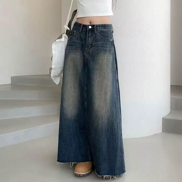 Vinatge une ligne Denim jupes longues femmes 2026 printemps taille haute Midi jean jupe femme coréenne Streetwear