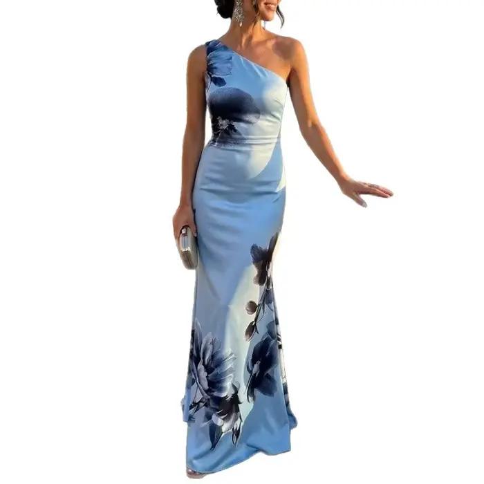 Robe longue chic pour femmes, à une épaule, imprimé floral bleu rétro, coupe ajustée, élégante, pour banquet, occasion formelle