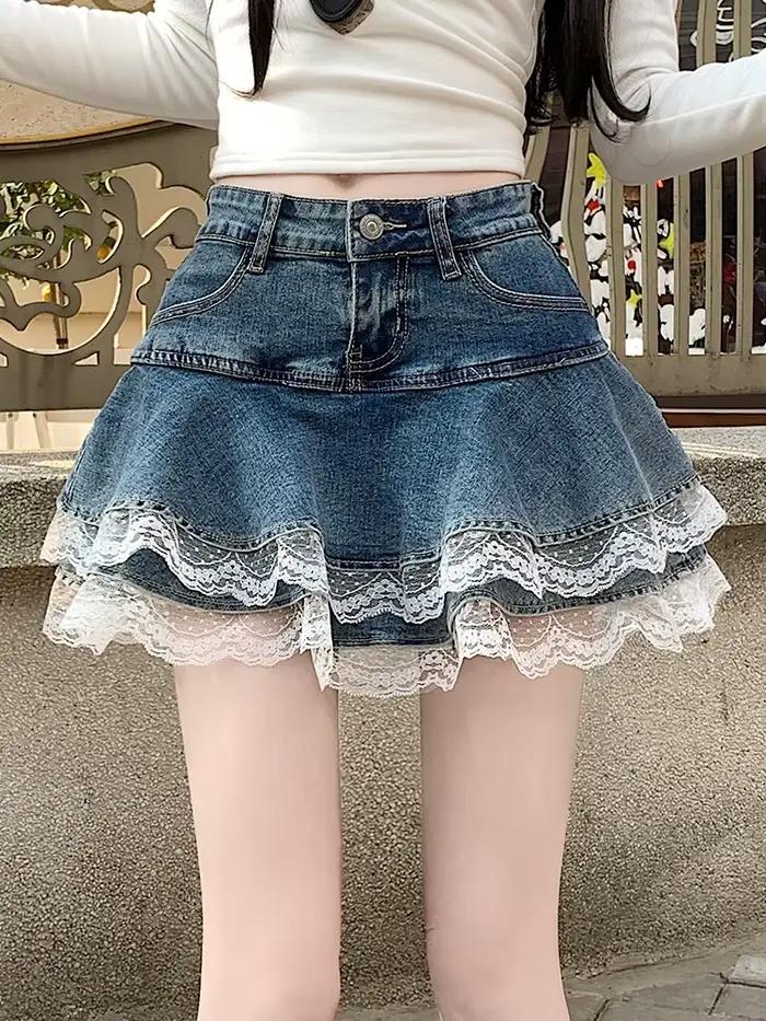 2025 été Mini Y2K Denim jupe femmes mode Streetwear volants Kawaii dentelle jupes Shorts Preppy école plissée jean jupe