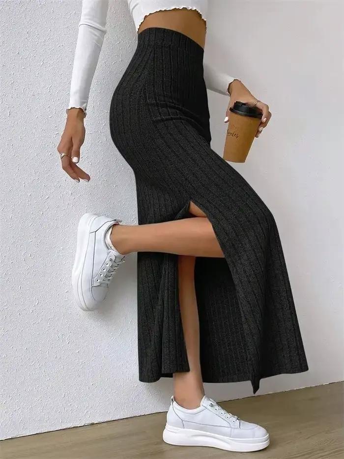 Femmes côtelé côté fendu Maxi jupe automne printemps décontracté élégant taille haute