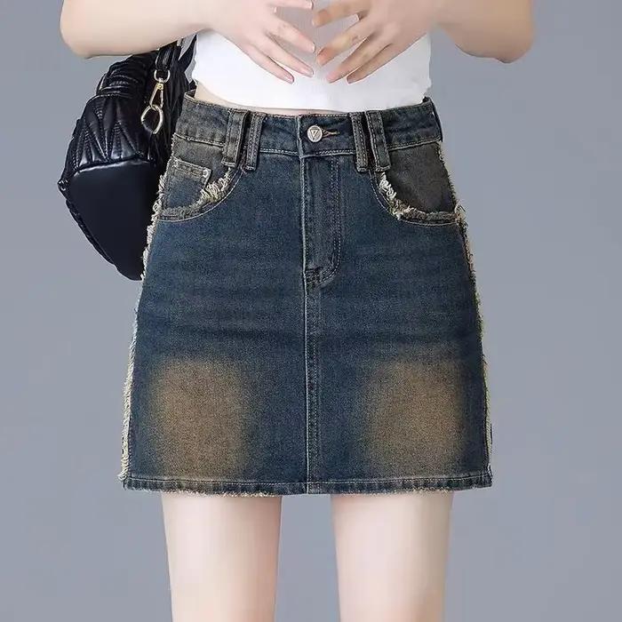 Jupe en jean femme rétro taille haute frange