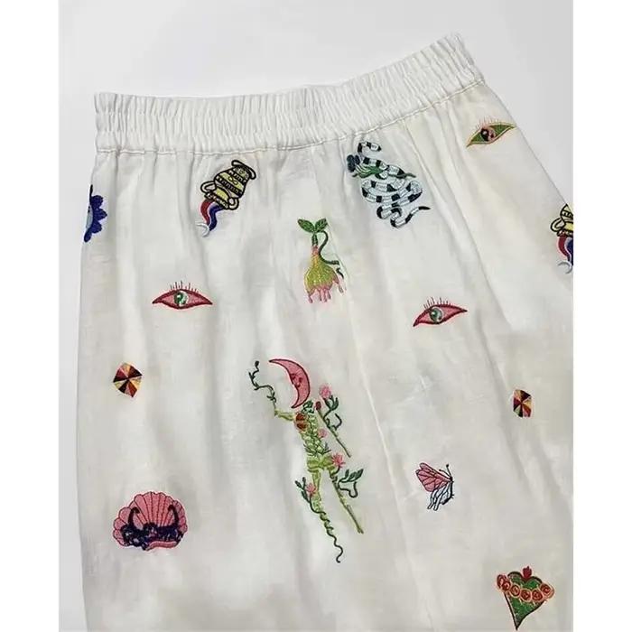 Jupe trapèze en lin doux beige pour femmes, décontractée, imprimée amusante, bouton avant, coupe trapèze, silhouette harmonieuse, été printemps, ajustement lâche, longueur mini, marque LDKVGSU