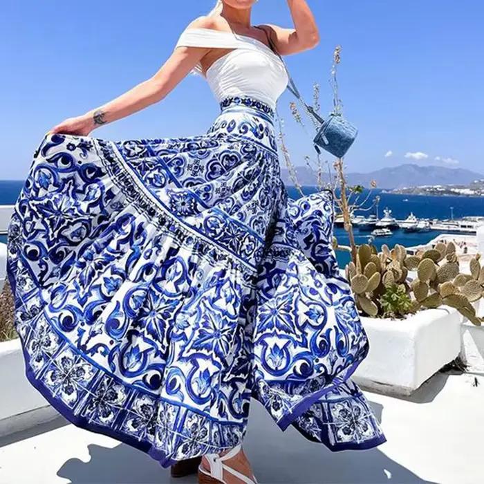 Femmes jupe jupes longues une ligne imprimé fleuri taille haute Y2k Streetwear Maxi décontracté ample plissé élégant