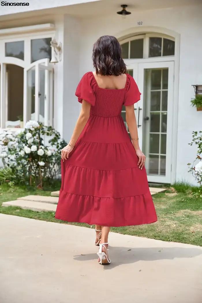 Robe Maxi Smockée à Plusieurs Niveaux pour Femme, Manches Courtes Bouffantes, Col Carré, Style Boho, Plage, Fluide, Ligne A, Longue, Invité de Mariage, Robe de Soirée, Été