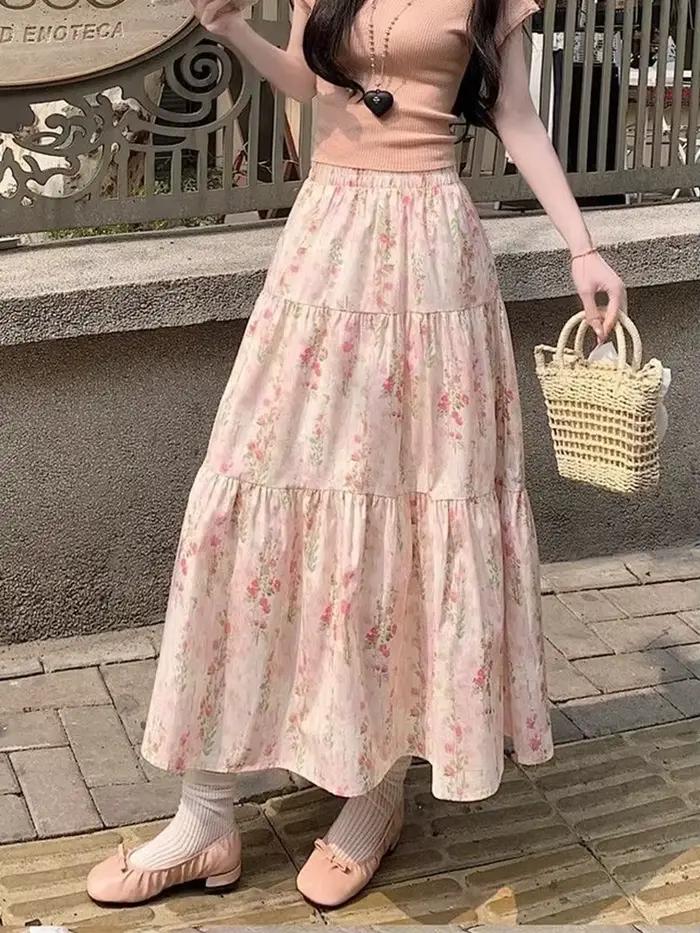 Zoki mignon jupes longues à fleurs femmes élégant taille haute rétro jupe douce japon décontracté ample tout Match