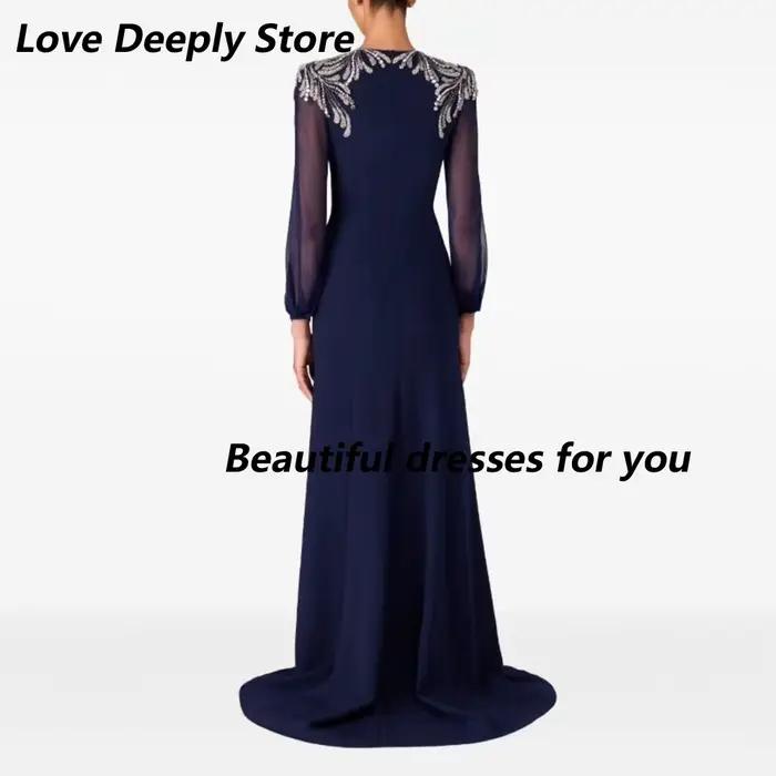 Robe de soirée marine personnalisée, col en V profond, manches longues bouffantes transparentes, coupe sirène, longueur ras du sol, robe de soirée formelle, robe pour invitée de mariage