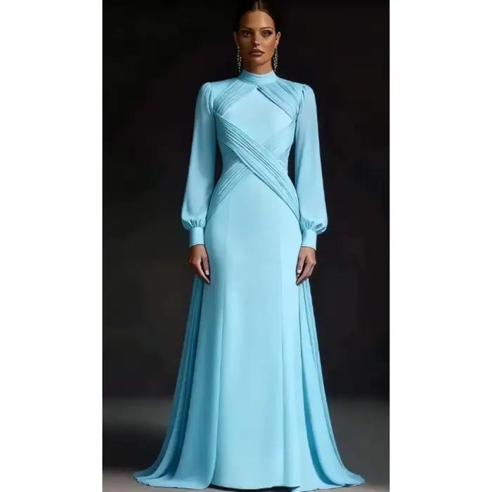 Robe de soirée longue à manches longues et col montant en lavande pour femmes, robe de soirée élégante à plis en jersey, longueur au sol, personnalisable