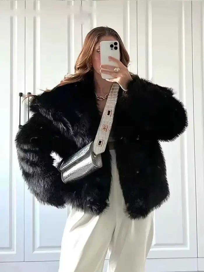 HH femmes mode fausse fourrure veste Vintage col rabattu à manches longues manteau automne hiver femme élégant Streetwear