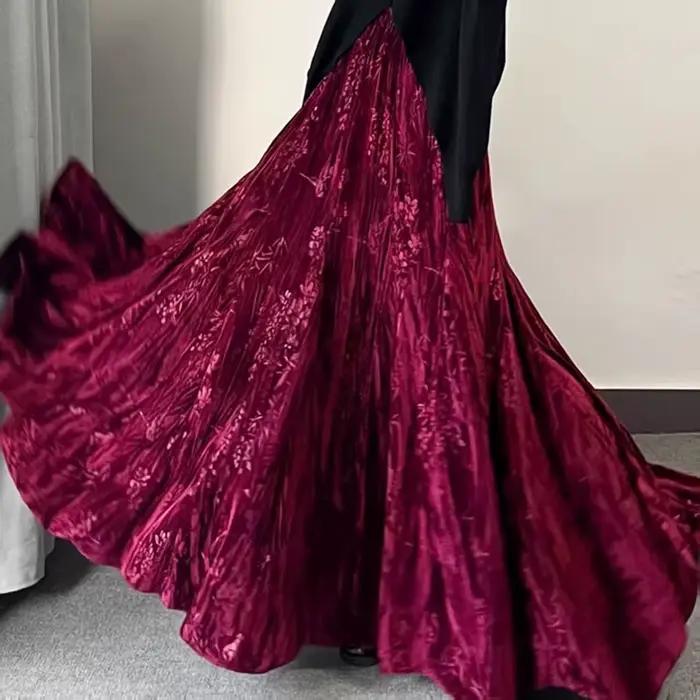 MEXZT Vintage velours jupe longue femmes élégant imprimé noir Maxi jupes hiver Harajuku coréen élastique taille haute une ligne Faldas