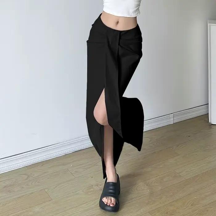 Jupe plissée au Design de rue européen et américain, taille basse, fentes irrégulières, couleur unie et robe longue
