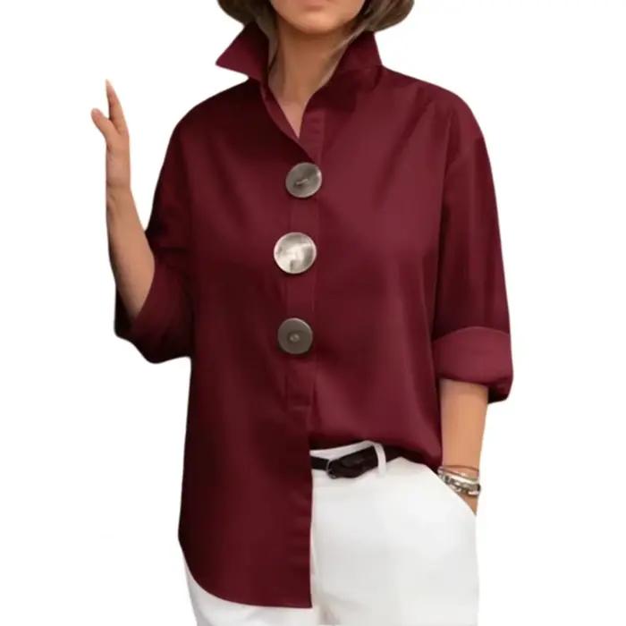 Chemise pour femme à col revers, manches longues, coupe ample, boutons métalliques, couleur unie, pour le travail, les fêtes et les occasions décontractées