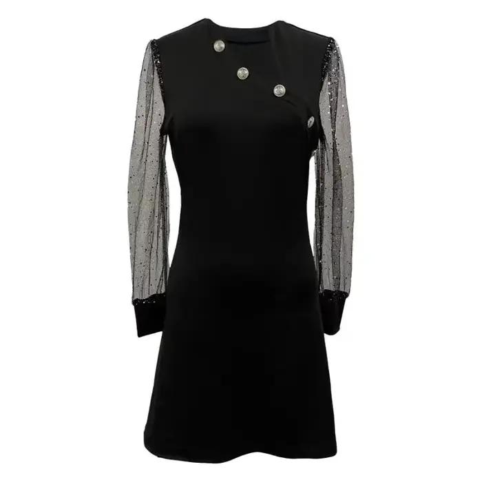 Robe mi-longue noire élégante pour femmes, asymétrique, col en v, boutons, Chic, paillettes, manches en Perspective, robe d'occasion formelle