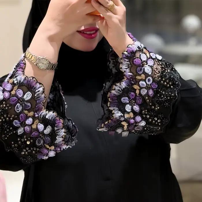 Robes pour femmes musulmanes, dentelle florale, perles, jalabiya, Eid, Maroc, kaftan, Islam, vestidos largos, robe longue arabe, Dubai, abaya, ensemble hijab