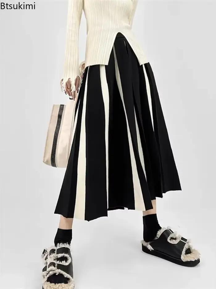 Nouveau 2026 jupes longues pour femmes automne hiver tricoté jupe trapèze noir blanc luxe