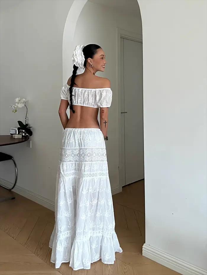 Tenue d'été blanche pour femmes, jupe longue de jardin botanique