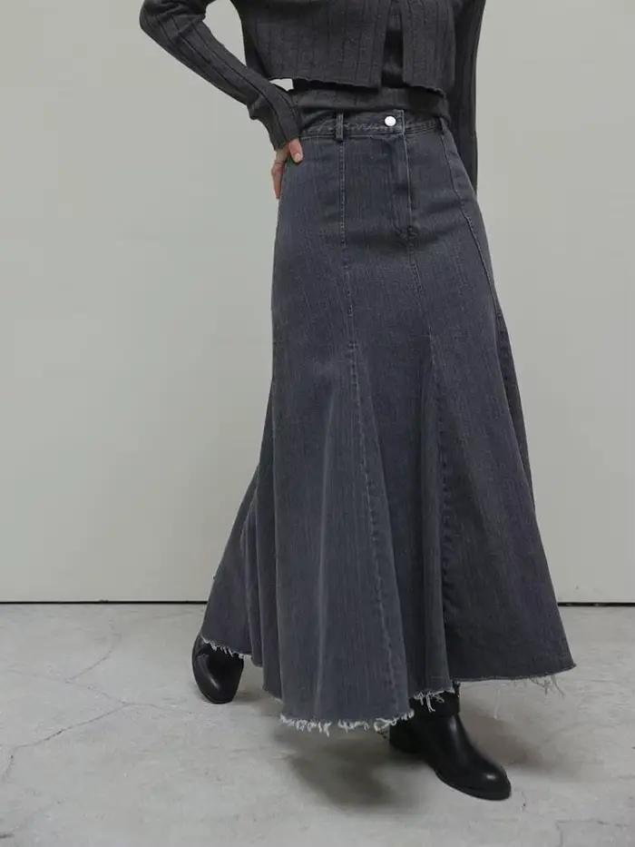 Vintage noir Denim taille haute jupes longues pour les femmes 2025 automne hiver nouvelle mode bleu élégant queue de poisson enveloppé hanche Jean jupe