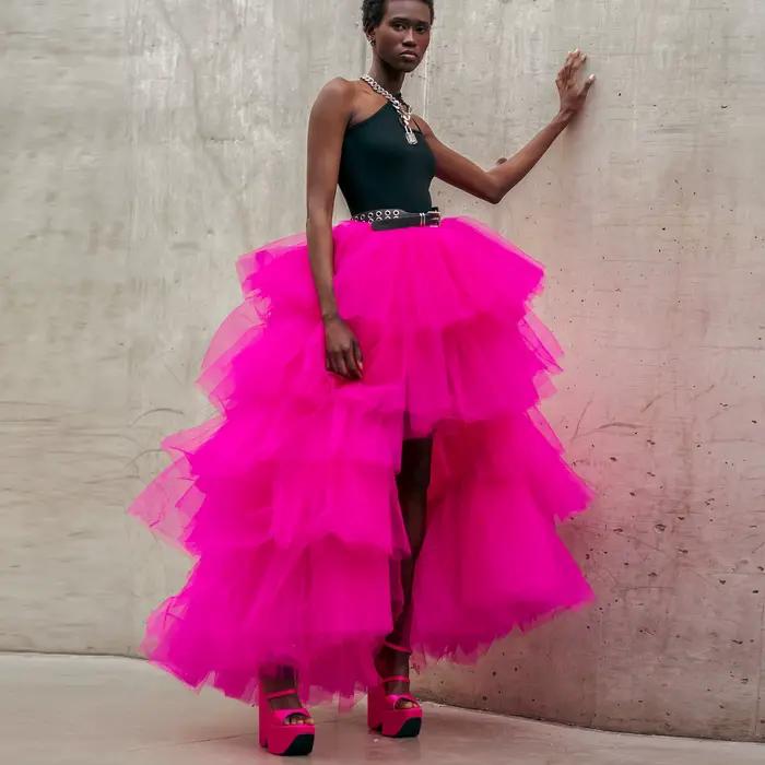 Jupe Tutu en Tulle Rose Vif à Volants Superposés, Jupe Longue Asymétrique à Taille Haute Coupe Trapèze pour Femme, Idéale pour Soirées et Anniversaires, Personnalisable