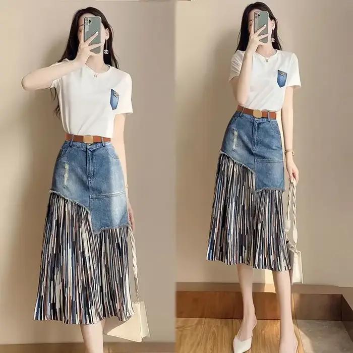 Ensemble jupe en jean deux pièces pour femmes, tenues féminines, bureau, midi, haut de style coréen, vêtements astronomiques, luxe, promotion, nouveau, 2025