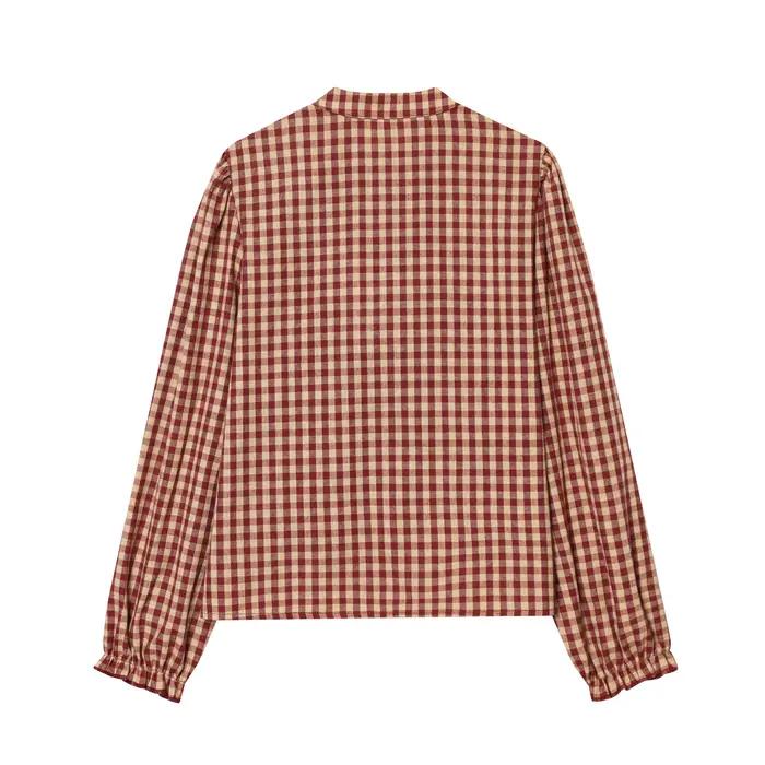 Chemises à carreaux pour femmes, nouvelle collection printemps-automne, chemisier à volants décoratifs, col rond, manches longues, chemises décontractées, chemisiers chics pour femmes