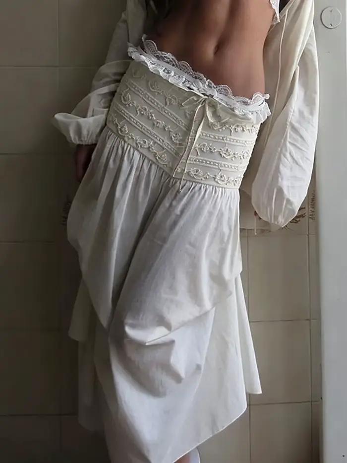 Jupe longue bohème pour femmes, broderie en dentelle, taille corset avec cordon de serrage, jupe à volants irréguliers, jupe maxi vintage décontractée pour femmes, couleur unie.