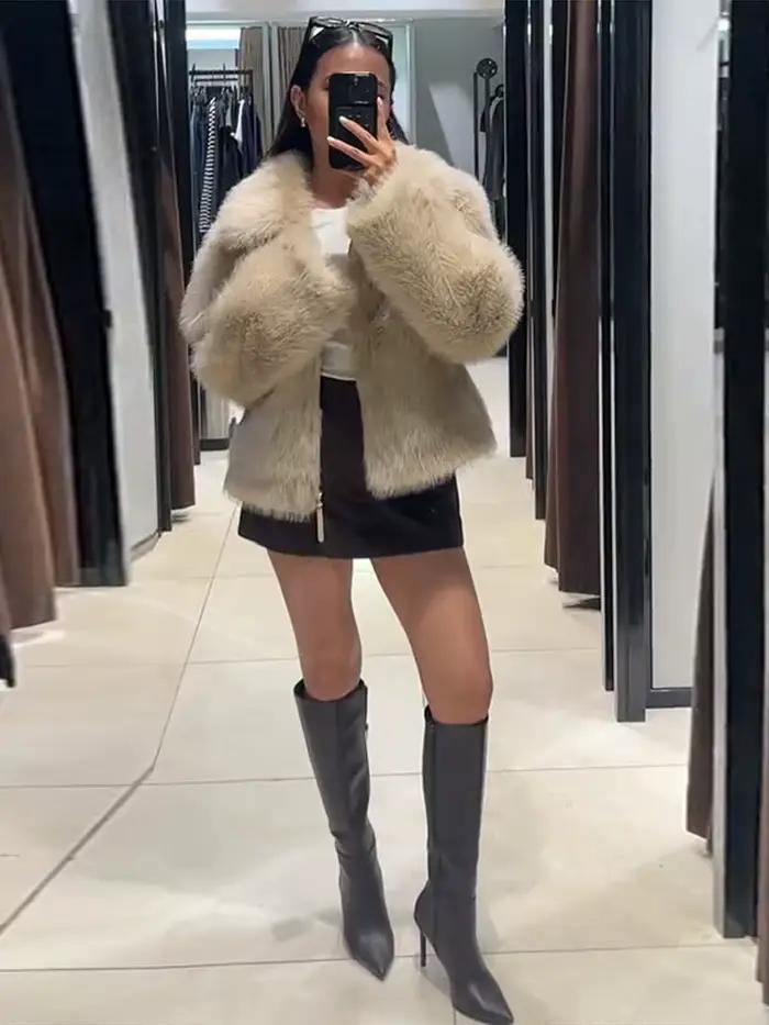 Chic Double face fourrure veste femme revers couleur unie fermeture éclair manches longues manteau droit décontracté polyvalent femmes nouvelles vestes chaudes