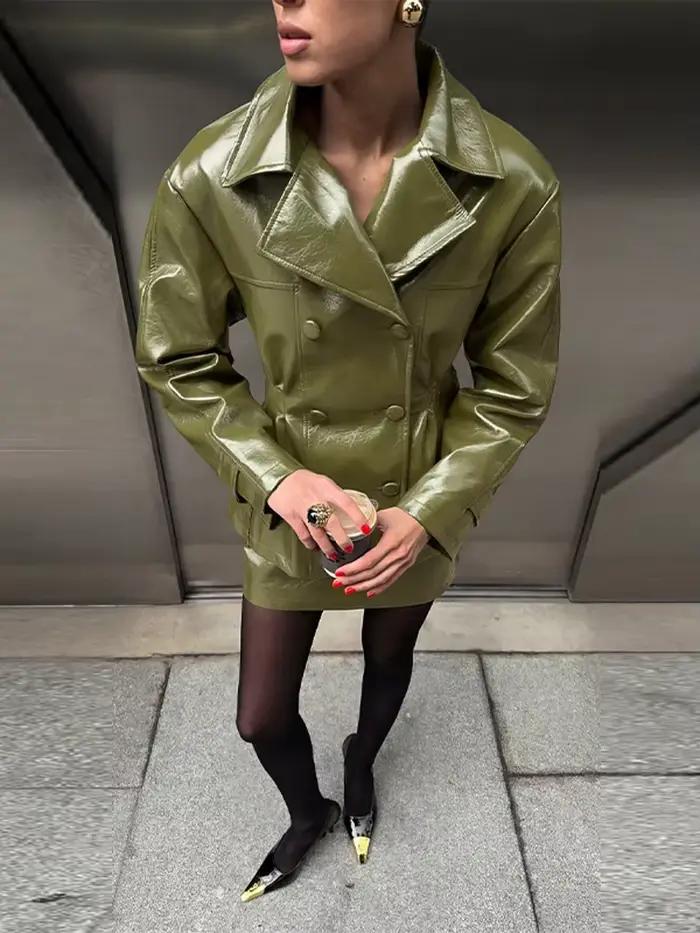 Mode femmes Faux cuir jupes ensemble col rabattu Double boutonnage taille manteau Mini jupe haute rue automne deux pièces ensembles