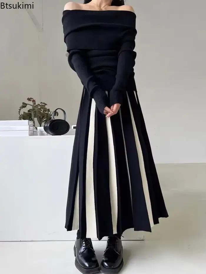 Nouveau 2026 jupes longues pour femmes automne hiver tricoté jupe trapèze noir blanc luxe