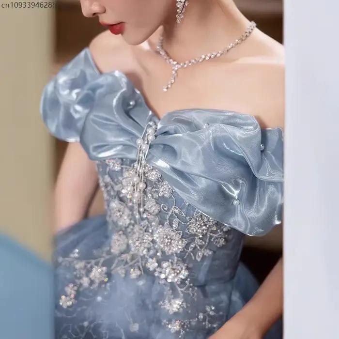 Robe de soirée de mariage bleue élégante, épaules dénudées, pour femmes, bal de Performance, luxueuse jupe longue trapèze de Style princesse