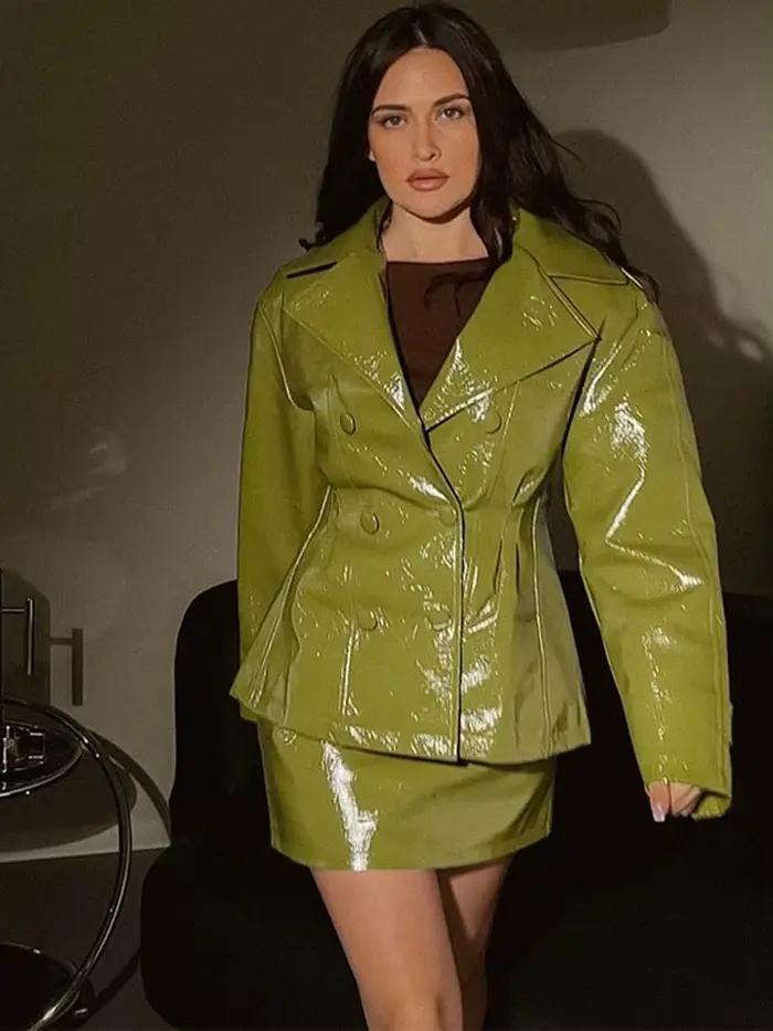 Mode femmes Faux cuir jupes ensemble col rabattu Double boutonnage taille manteau Mini jupe haute rue automne deux pièces ensembles
