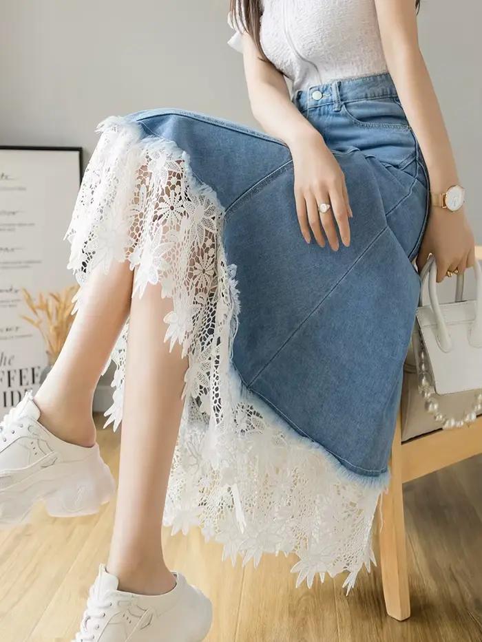Jupe en jean évidée en dentelle patchwork vintage pour femmes, mode coréenne, taille haute, midi, denim, fermeture éclair, décontracté, élégant