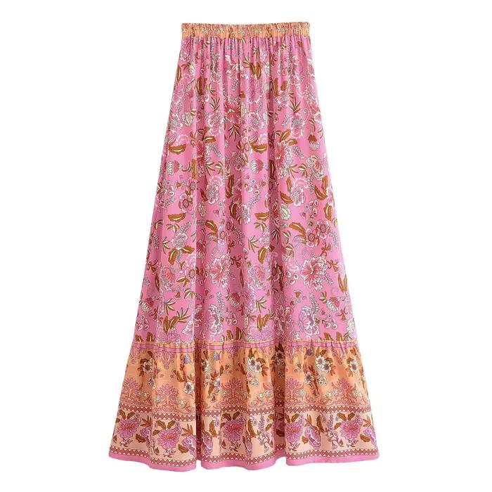 2025 BOHO rose contraste imprimé fleuri Maxi jupe longue épissé à volants ourlet Hippie femmes boule gland nœud taille balançoire jupes vacances