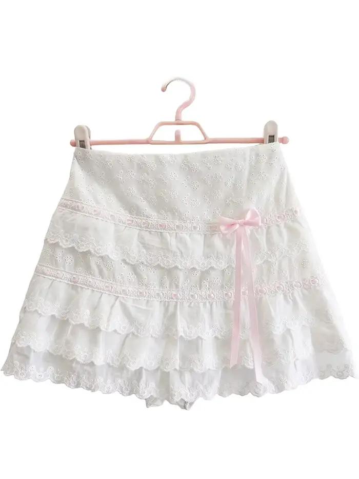 Jupes blanches pour filles adorables, décorées de fleurs brodées, avec un nœud, taille élastique, jupes courtes en coton à plusieurs couches, mignonnes, pour femmes