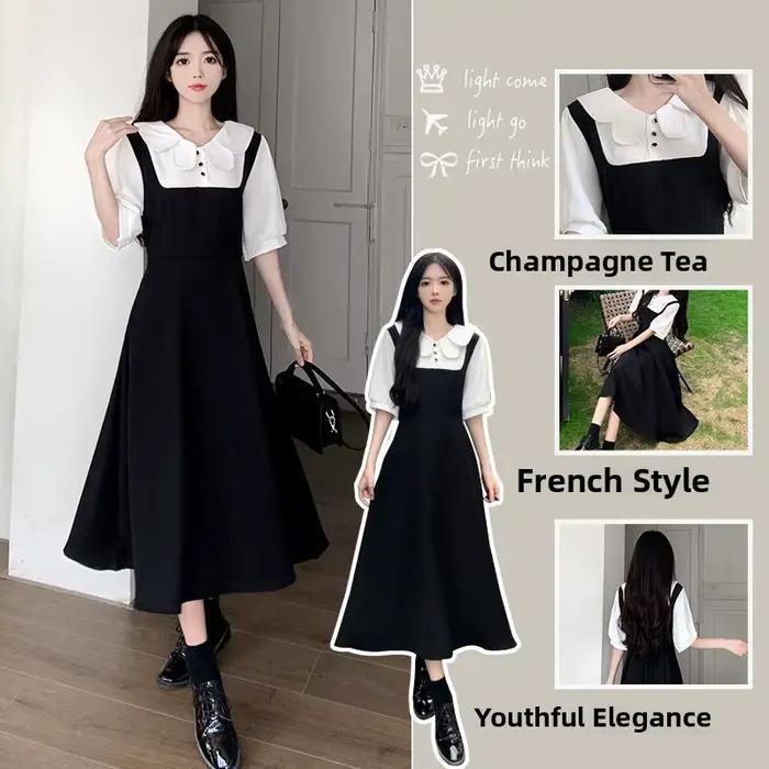 Robe longue trapèze à col Claudine de style français, taille haute, coupe ajustée, manches courtes, pour femme, style basique, patchwork, couleur unie