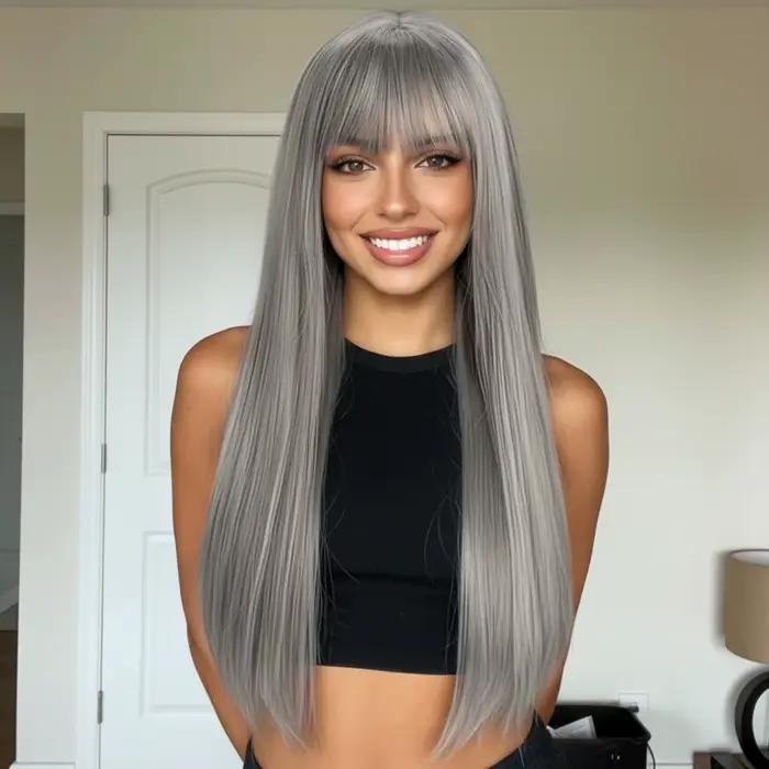Nouvelle perruque noire longue et droite en fibre synthétique pour femmes, perruque tendance pour tous les jours, Halloween, fête costumée, cosplay