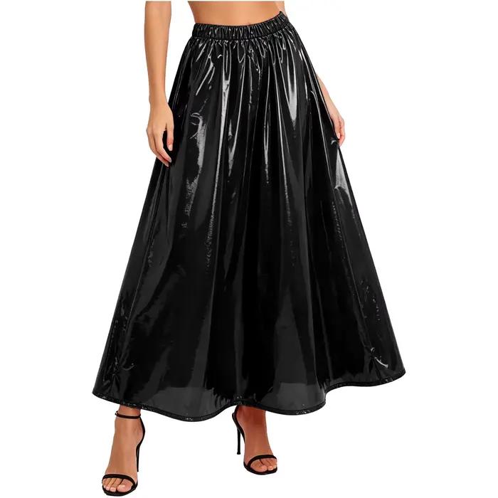 Jupe évasée taille haute pour femme en similicuir effet mouillé, jupe plissée coupe trapèze, jupe longue en vinyle imperméable pour femme, tenue de club
