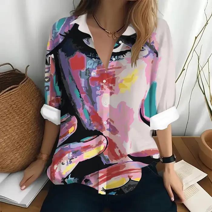 Chemise à manches longues pour femmes, haut imprimé artistique, chemisiers élégants pour femmes, haut tendance, chemises amples pour les déplacements, été 2025