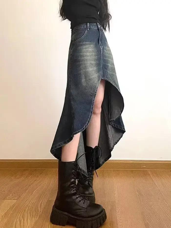 Streetwear rétro Denim jupes femmes été bouton taille haute irrégulière sirène Vintage poches décontractées dame jean jupe longue