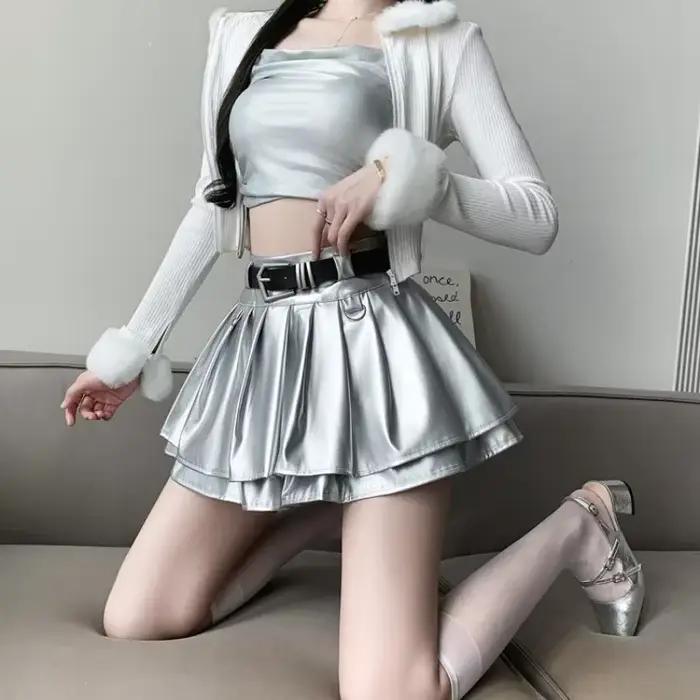 Nouvelles jupes en cuir plissé femmes coréennes taille haute solide a-ligne haute rue mode bases jupe courte femme