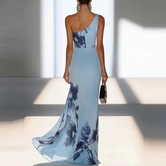 Robe longue chic pour femmes, à une épaule, imprimé floral bleu rétro, coupe ajustée, élégante, pour banquet, occasion formelle