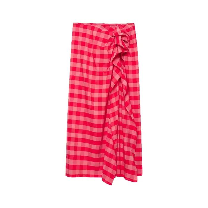 Jupe midi amincissante asymétrique à carreaux rose bonbon