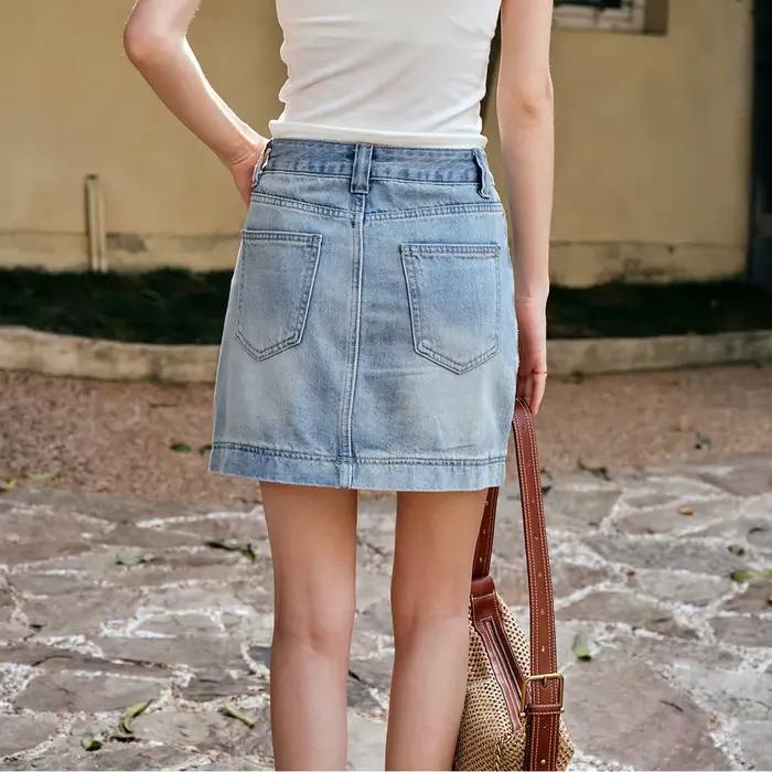 Jupe Courte en Jean Bleu Marine OLrain pour Femme, Collection Été 2026, Style Gyaru, Taille Haute, Coupe Trapèze avec Poches, Vêtements Féminins O57XB99901