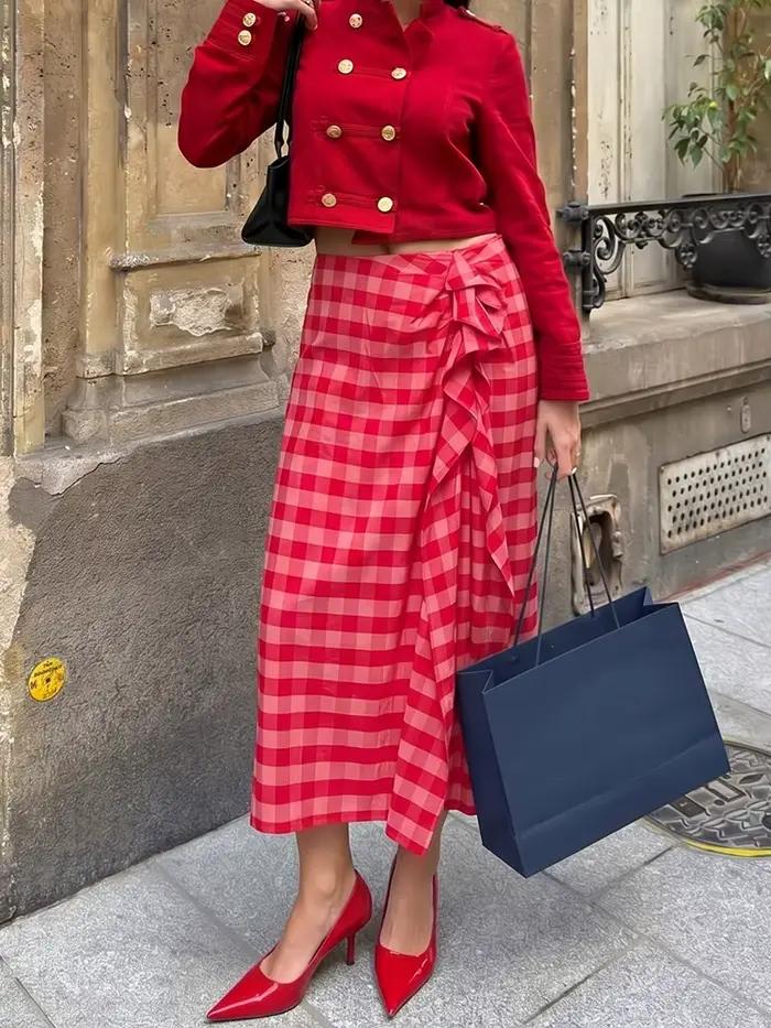 Jupe midi élégante HH en tissu écossais rouge pour femme