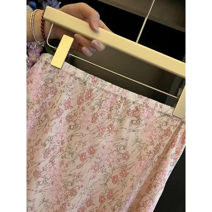 Jupe mi-longue rose à imprimé floral pour femme