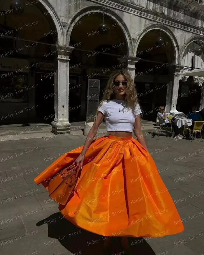 Décontracté Orange Satin jupe Midi cheville longueur femmes jupes sur mesure