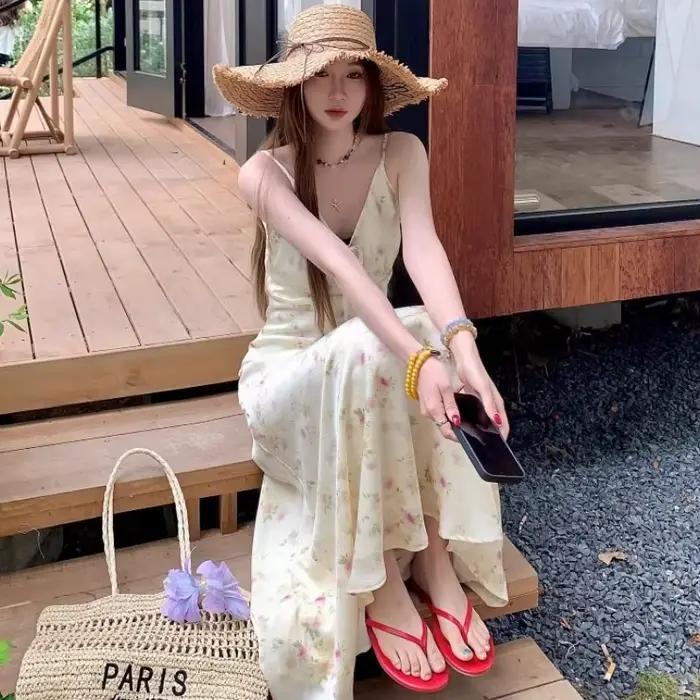 Robe longue d'été pour femme, col en V, nœud, imprimé floral, style coréen, robe élégante et douce