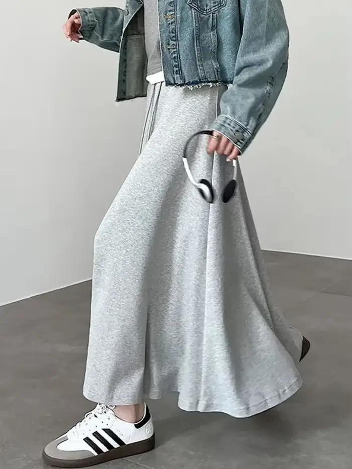 Décontracté coréen gris jupes longues femmes taille haute Style Preppy jupe mignonne printemps Vintage femme élégante Simple une ligne jupes